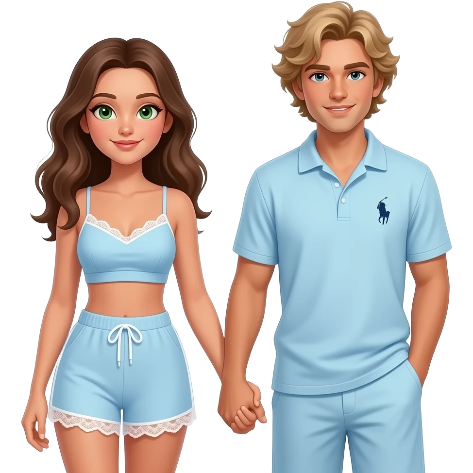 hourglass body brunette with light skin tone, green olive shaped eyes, wearing pastel blue active set that has pretty lace trims, holding hands with handsome surfer boy, dirty blonde/light brown hair, flowy hair,sophisticated ralph lauren malibu vibe outfit emoji