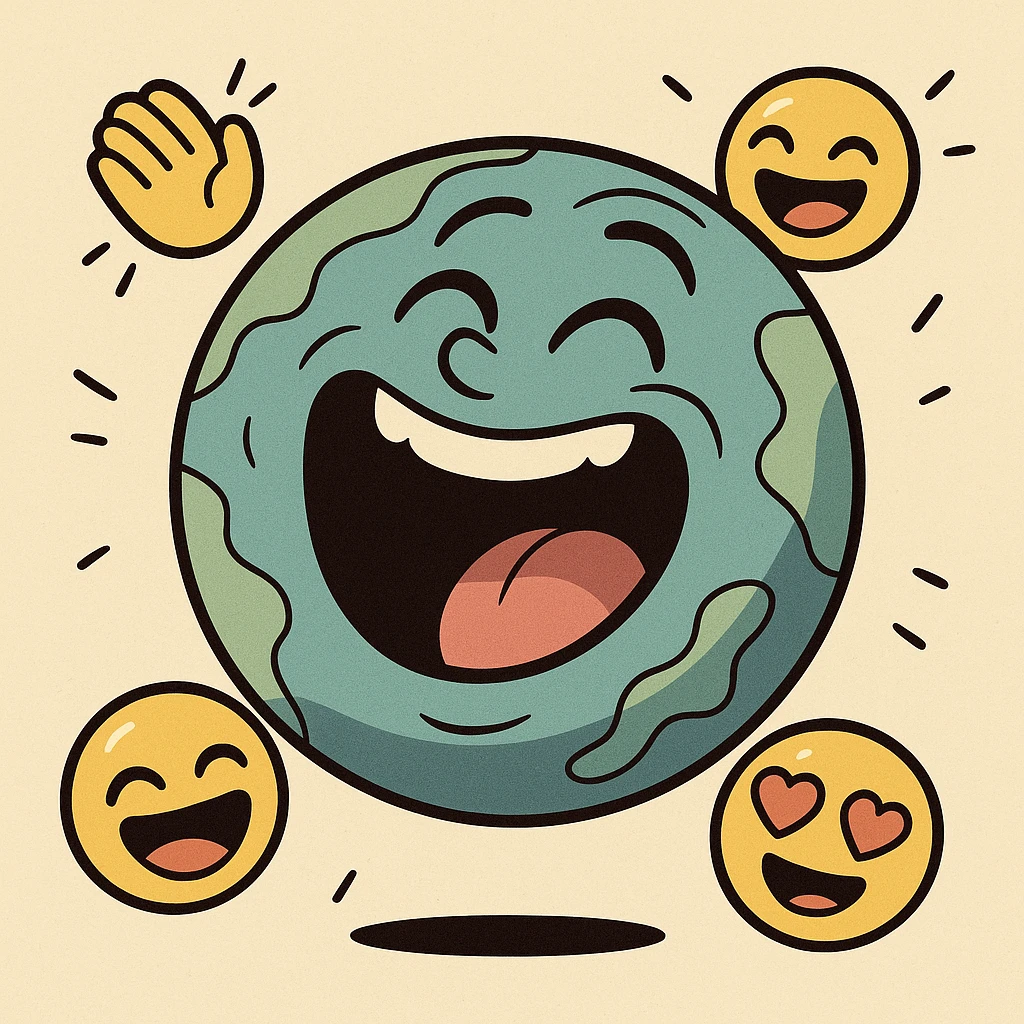 a planet with a wide open mouth, laughing, surrounded by floating emojis, colorful and lively, cartoon style emoji