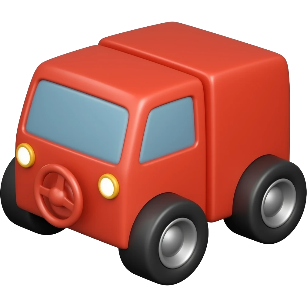 Red box with 4 small wheels with stearing wheels emoji