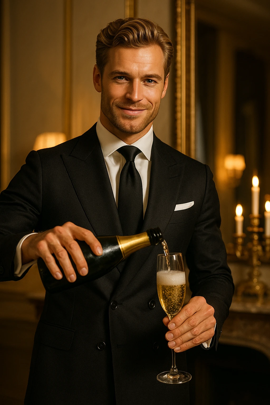 A rich, fit, blonde white man in a suit, confidently pouring champagne, exuding intelligence and luxury. emoji
