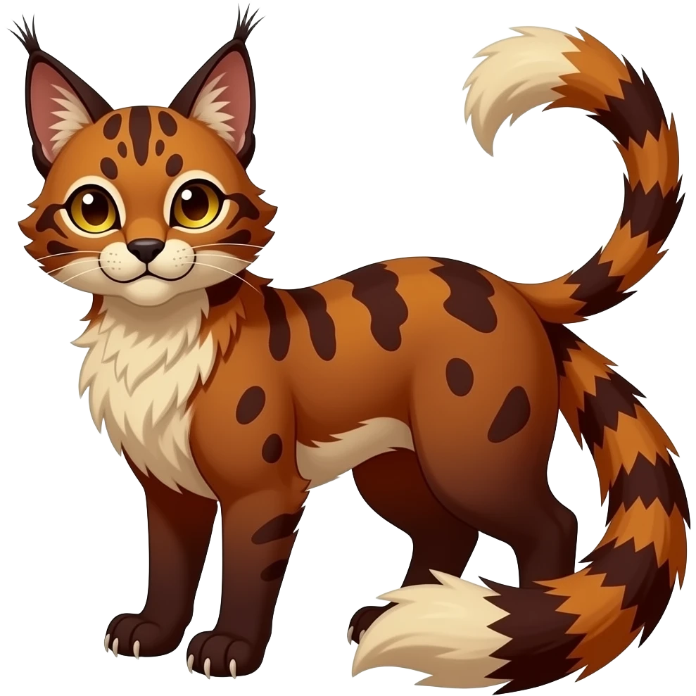 Dark gloomy red-golden-brownish-beige-gradients colorful painted marked patterned Asian glorious divine exotic cute cool beautiful shiny beautiful fantasy-caracal-civet-genet-sergal-vernid-Cacomistle-oncilla-animal-Fakémon-hybrid-fursona (full body) emoji