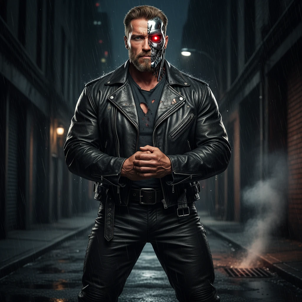 Make this phot of me look buff like Arnold Schwarzenegger in The Terminator, with his biker costume, using my own hairstyle and face. Show half my face as a cyborg with metal and a glowing red eye. I want to look strong, intimidating, and heroic. emoji