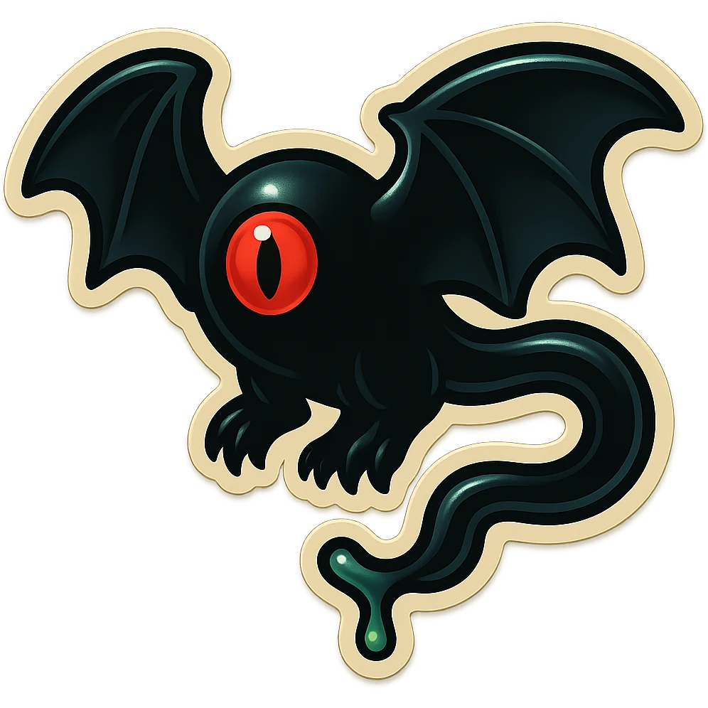 an all black reptilian bat-like creature. One cyclopian red eye in its face. no visible mouth or ears. 2 hind legs with claws. has a long tale with a stinger that drips green poison. no ears. no horns. no arms. emoji