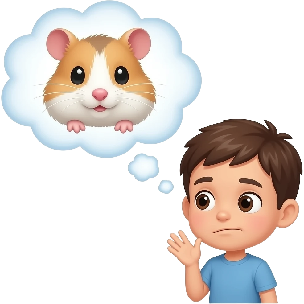 a shrugging kid with a thought bubble, thinking about a hamster emoji