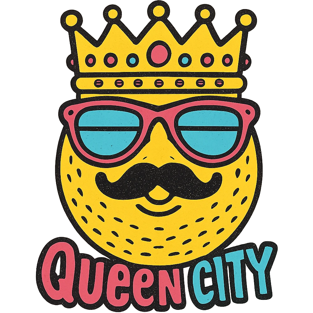 Add the text 'Queen City' in a fun, cool font below the emoji, keeping the playful style. emoji