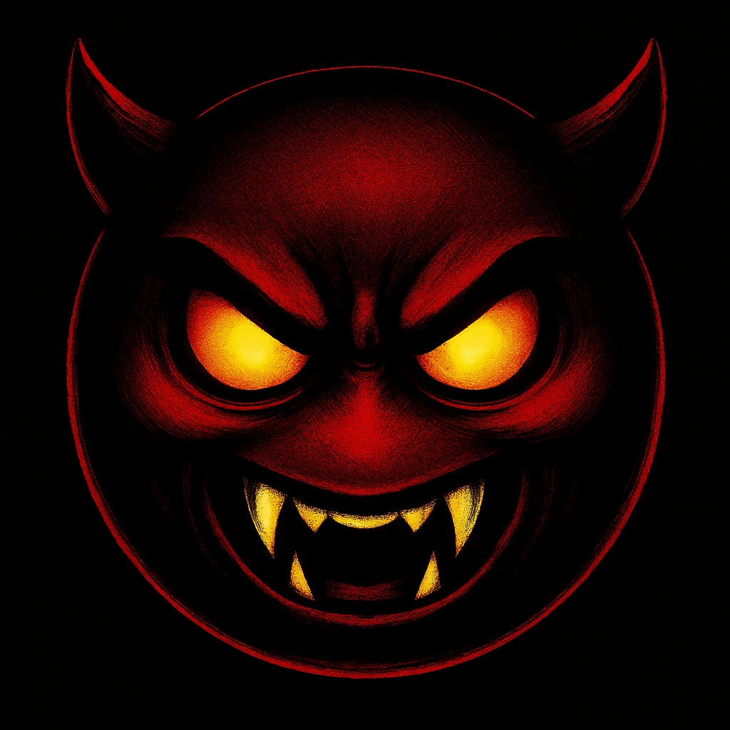 devil emoji, black and red, sharp fangs, glowing yellow eyes, dramatic shadows emoji
