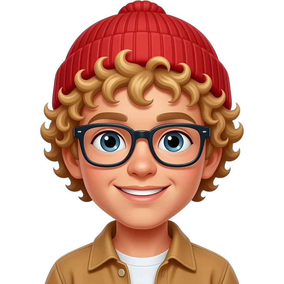 blond very curly afro haired boy with red beanie and glassess emoji