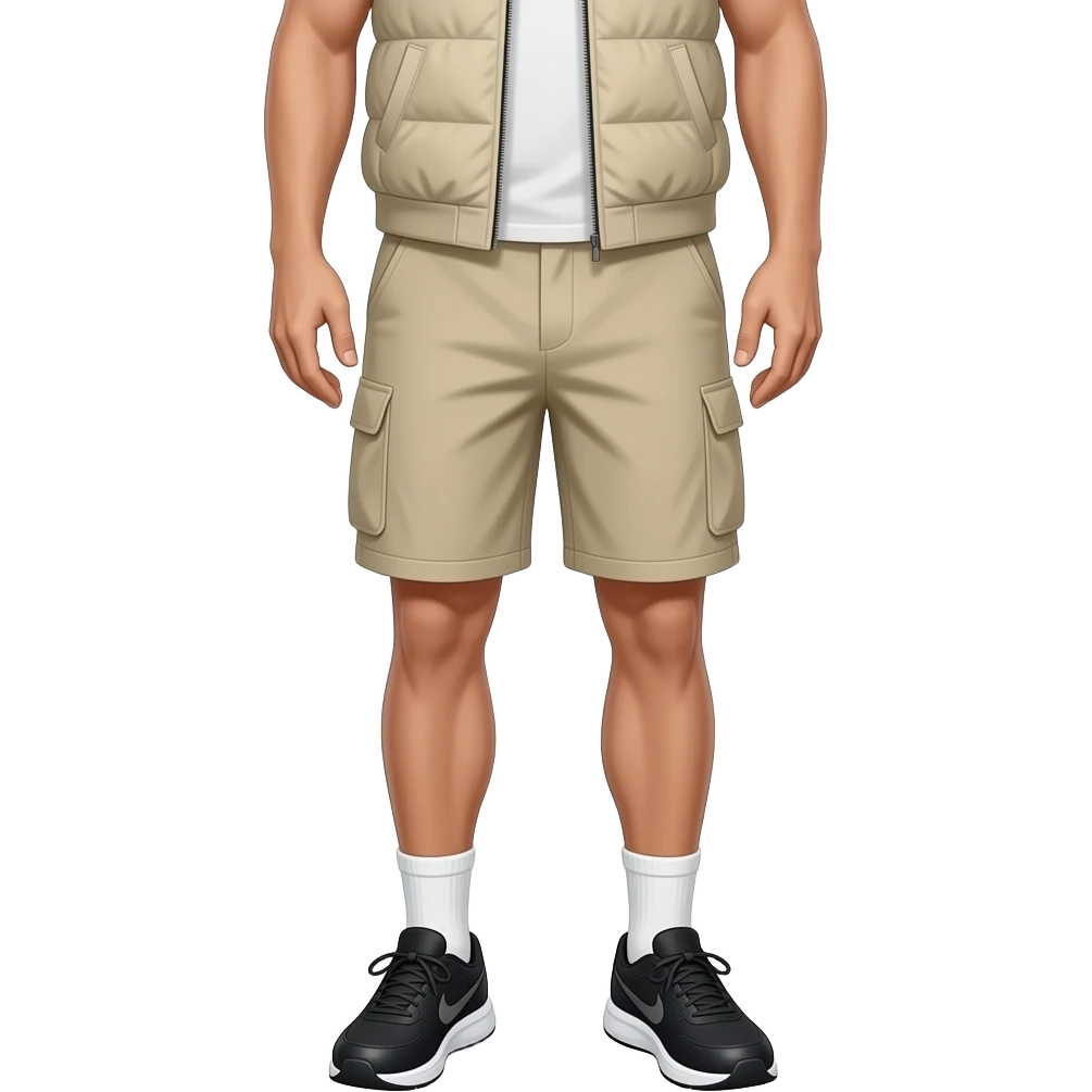black running shoes with white socks, bare legs, beige cargo shorts and a cotton sweatervest from the waist down emoji