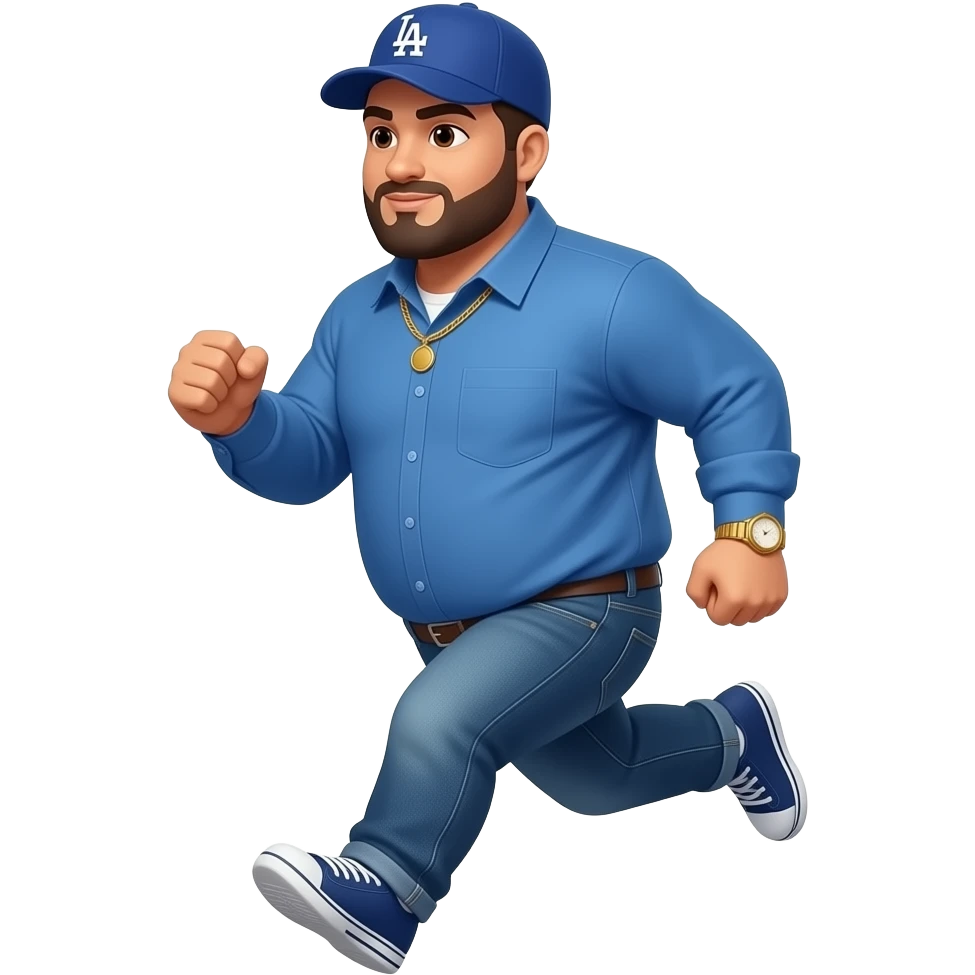 Chubby man with brown eyes and light honey skin tone and lightly shaved black beard wearing a blue Los Angeles Dodgers logo baseball cap wearing a long sleeve blue shirt wearing a gold tennis necklace and a gold wrist watch wearing denim jeans running left emoji