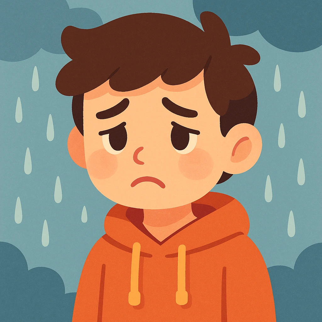 a boy looking sad on a rainy day, soft cartoon style, gentle colors, emotional expression emoji