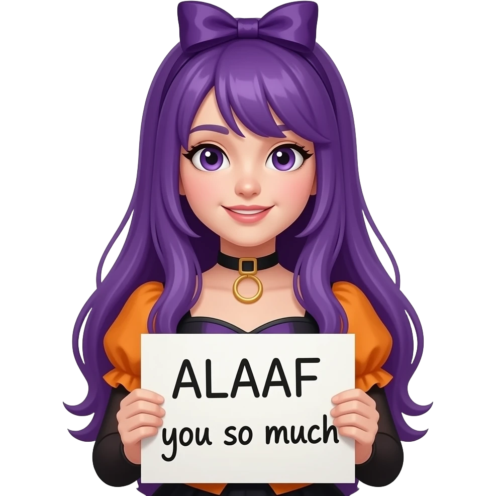 girl with long purple hair wearing a halloween costume holding a ALAAF you so much sign emoji