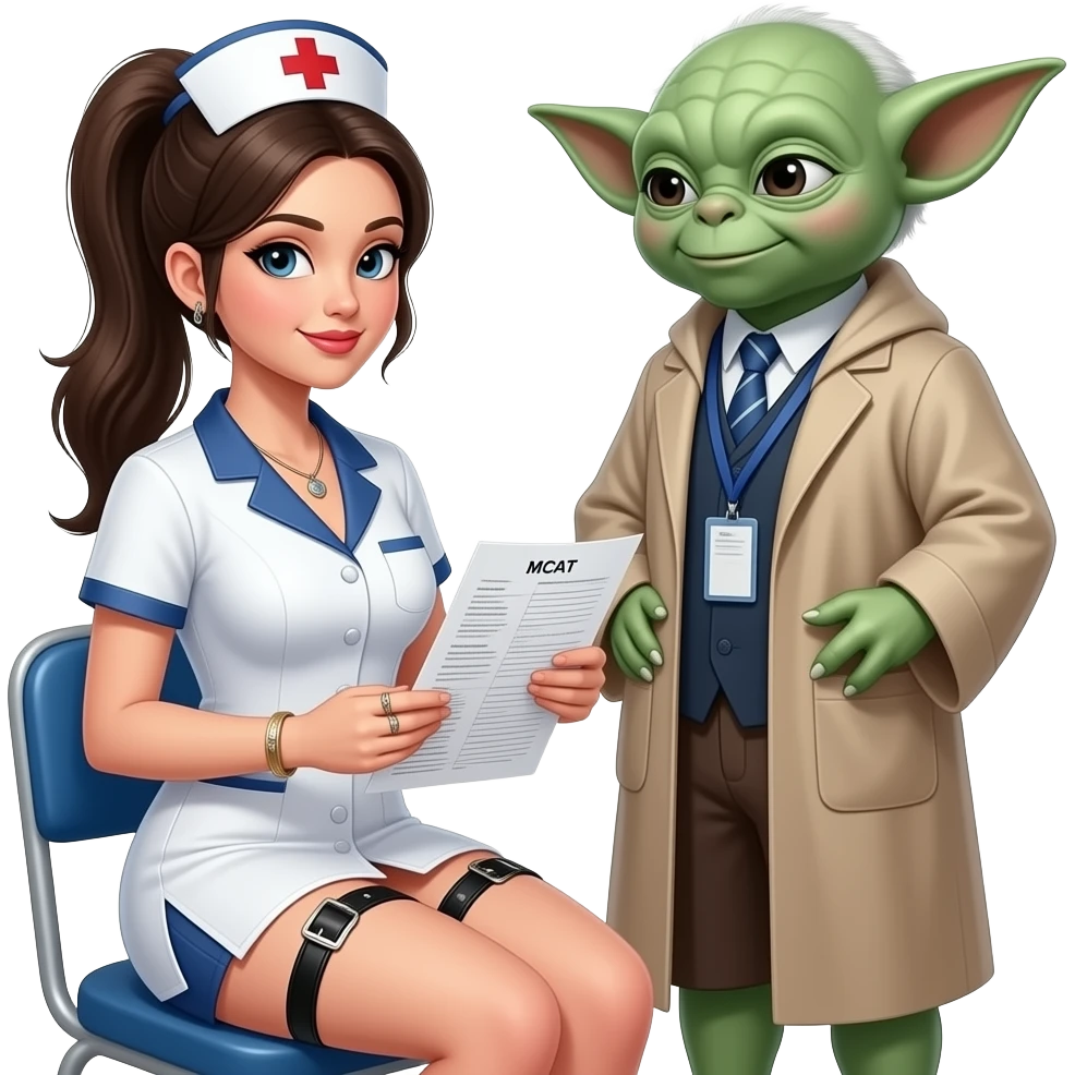 A pony tailed nurse, holding a MCAT exam, with EE breasts, nipple piercing, wearing a short, low cut black leather with garter belt, sitting  looking at a tall Yoda, dressed as a school tutor, one nurse hand on Yoda hip emoji