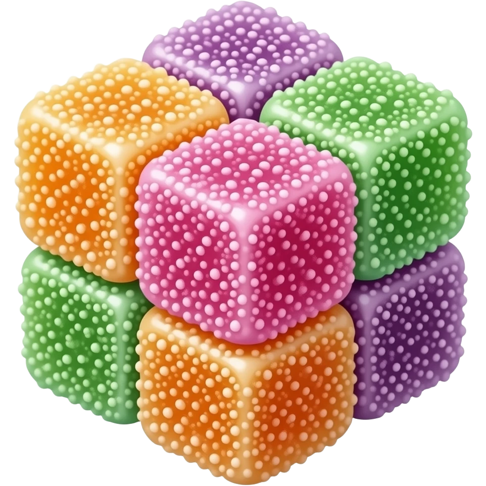 aesthetic gummy candy emoji, colorful cube jelly candies, sugar coated texture, minimal clean design, centered composition emoji