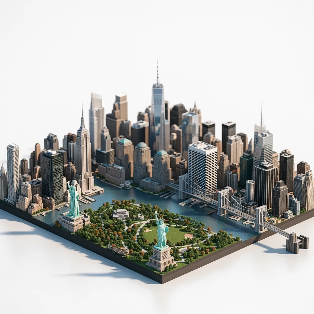 Isometric miniature of New York Сity Empire State Building, One World Trade Center, Statue of Liberty, Brooklyn Bridge, and Central Park 3D miniature effect and Tilt Shift effect, no cartoonish look, transparent background. emoji
