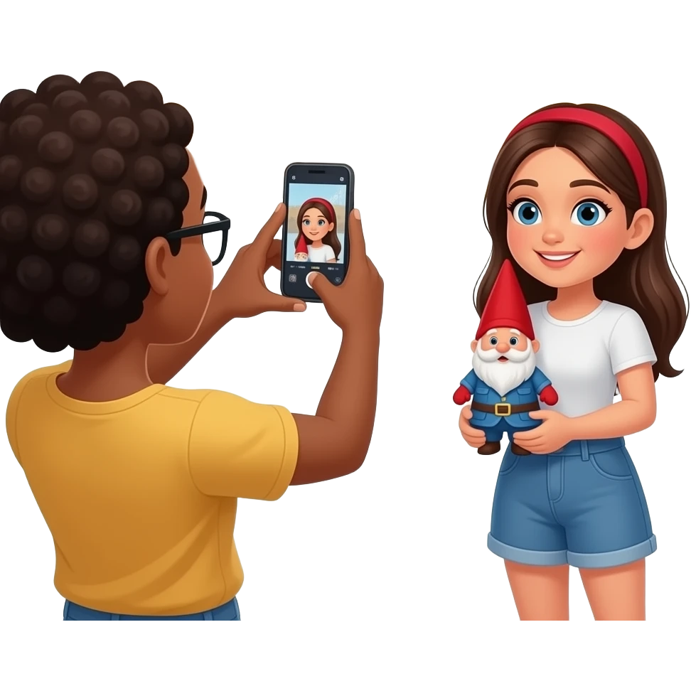 A black girl taking a photo of an spanish girl  holding a small gnome while standing in front of the Hollywood sign emoji