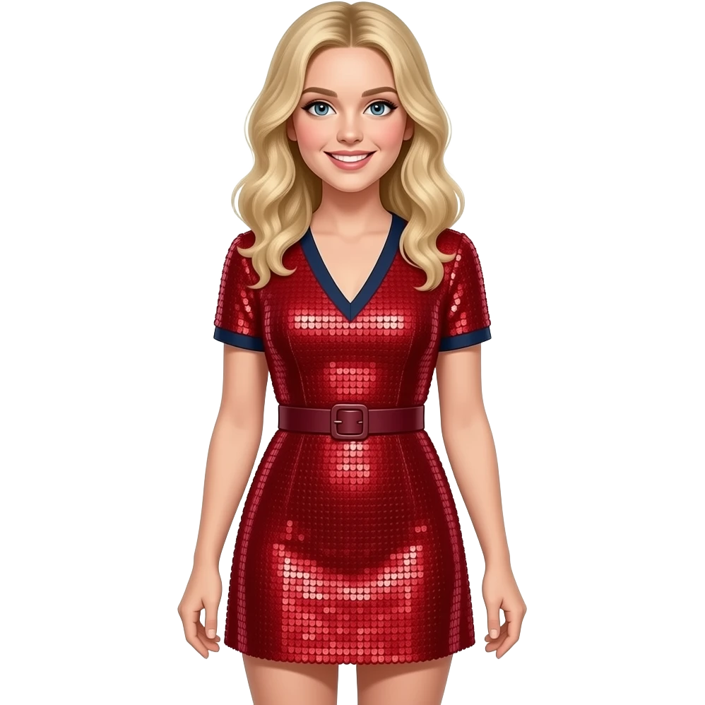 Sabrina Carpenter blonde hair wears a cherry-red mini dress completely saturated with shimmering sequins, giving it a high-shine, liquid-like finish. The design includes a navy V-neckline and short sleeves. A matching slim burgundy belt with a small buckle cinches the waist emoji