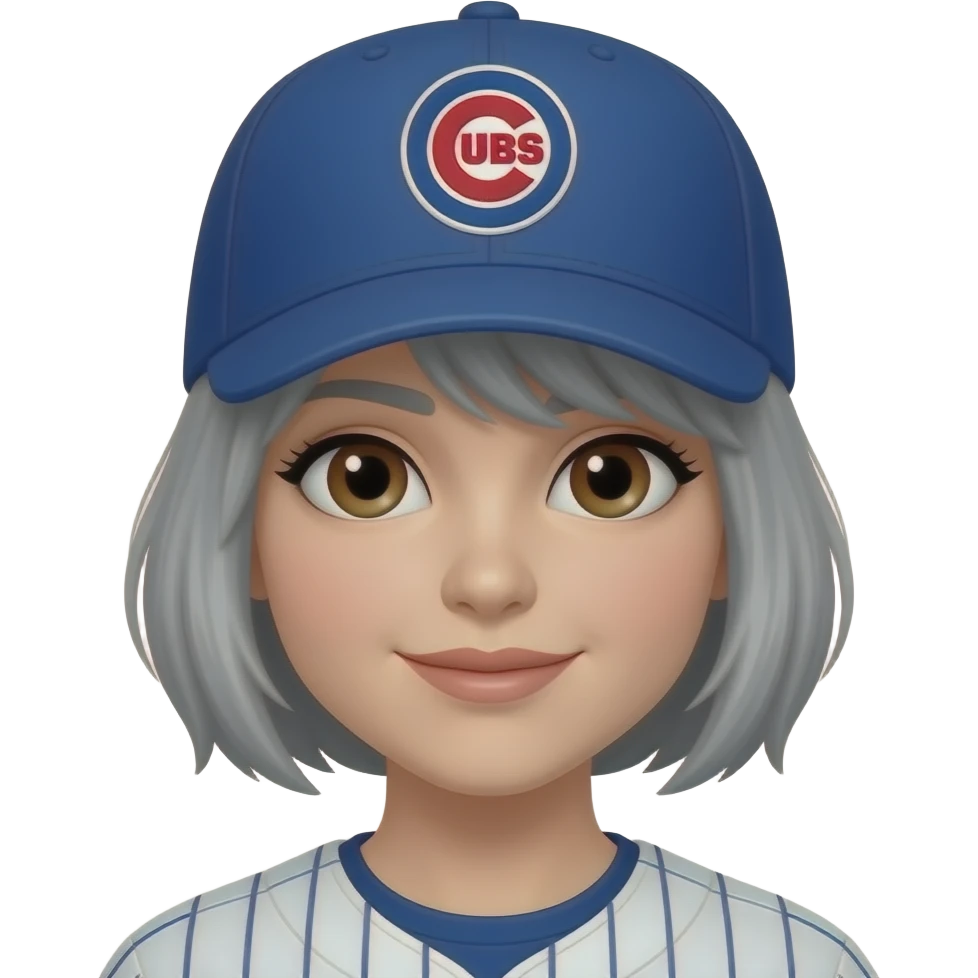 Female brown eyes gray short hair Chicago cubs fan with cap on emoji