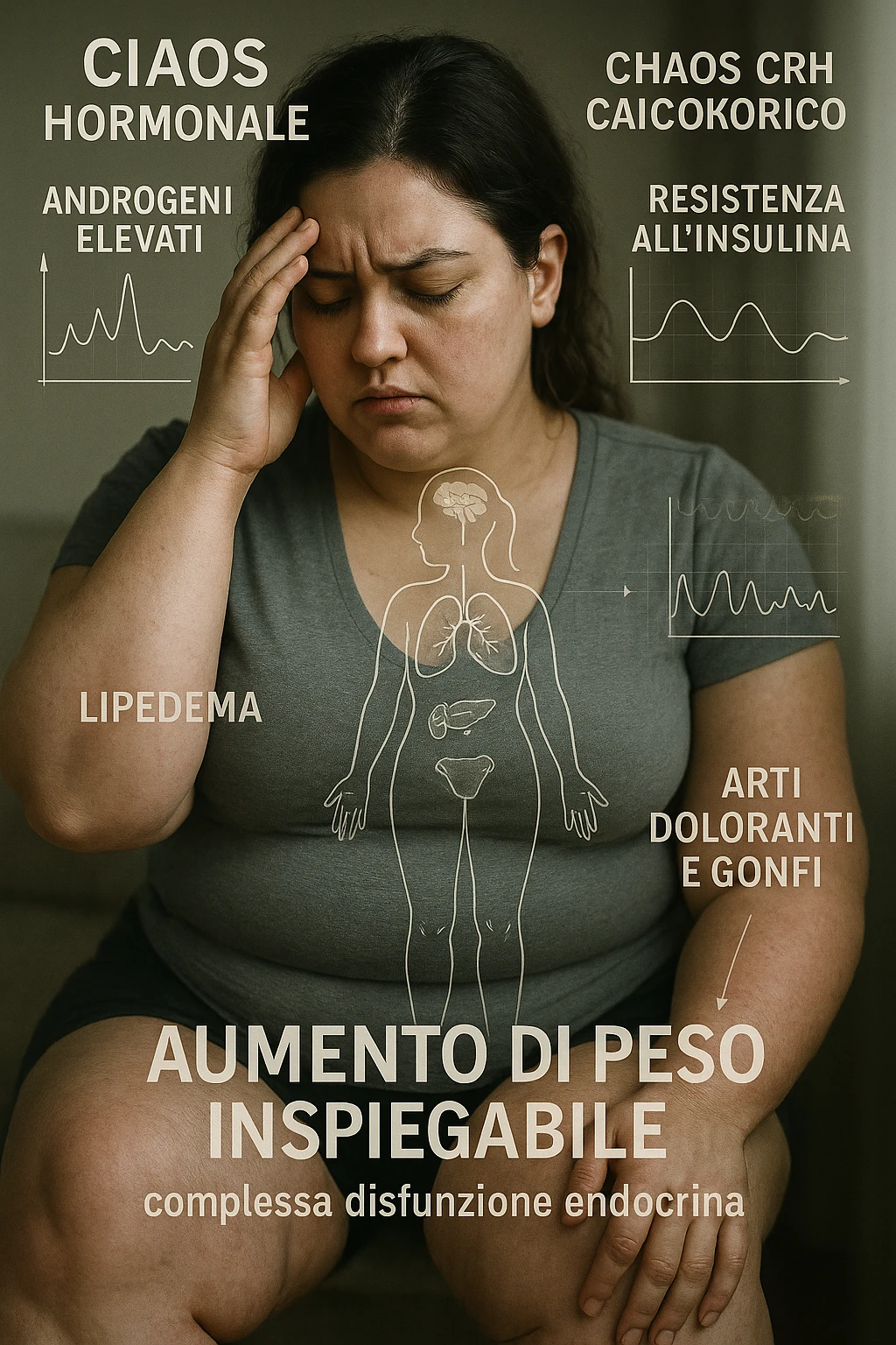 cinematic realistic in italiano Woman with PCOS struggling with hormonal chaos, transparent overlay showing elevated androgens and insulin resistance affecting her body, lipedema causing disproportionate fat accumulation in legs and arms despite normal torso, expression of frustration with unexplained weight gain, medical charts showing complex endocrine dysfunction, painful swollen limbs contrasting with metabolic confusion in italiano emoji