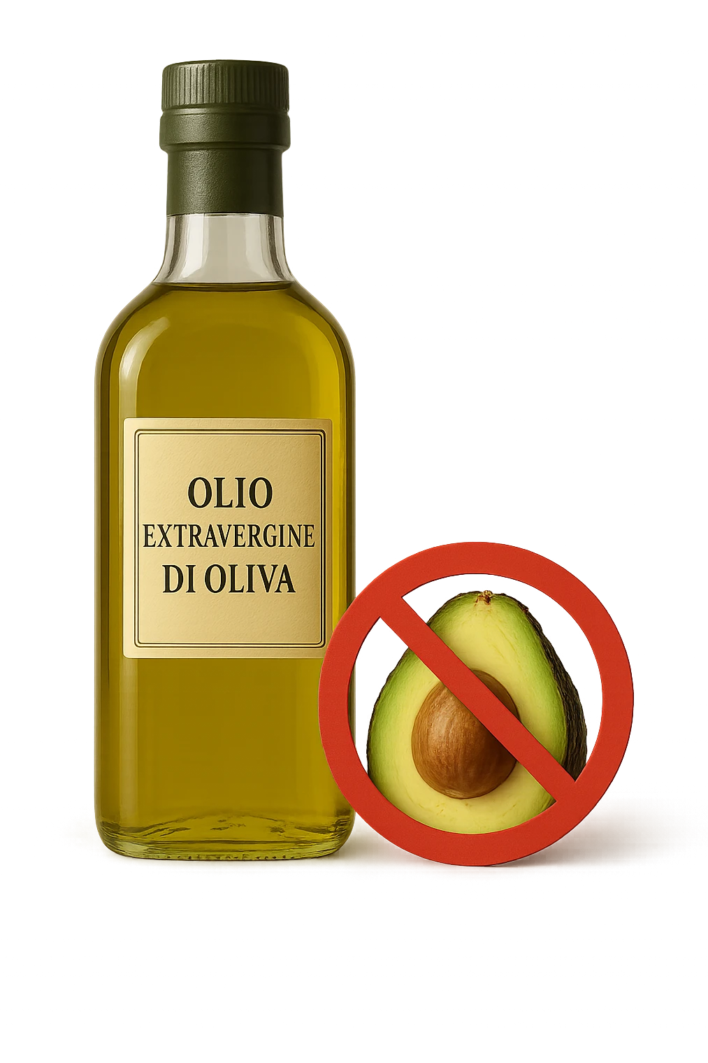 BOTTIGLIA DI OLIO EVO CON LA SCRITTA "OLIO EXTRAVERGINE DI OLIVA" SULL'ETICHETTA E AVOCADO CON DIVIETO SOPRA,  iperrealistico 4k emoji