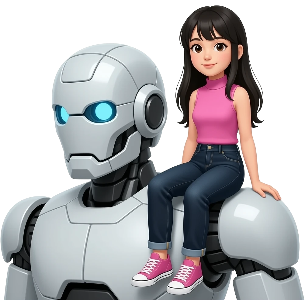 Teenage girl with long black hair wearing a pink sleeveless turtleneck top and long black jeans sitying on a giant robot's shoulders emoji