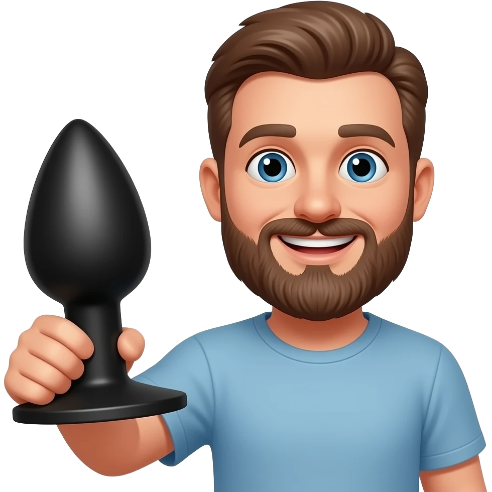 Bearded happy man holding a large black anal plug emoji