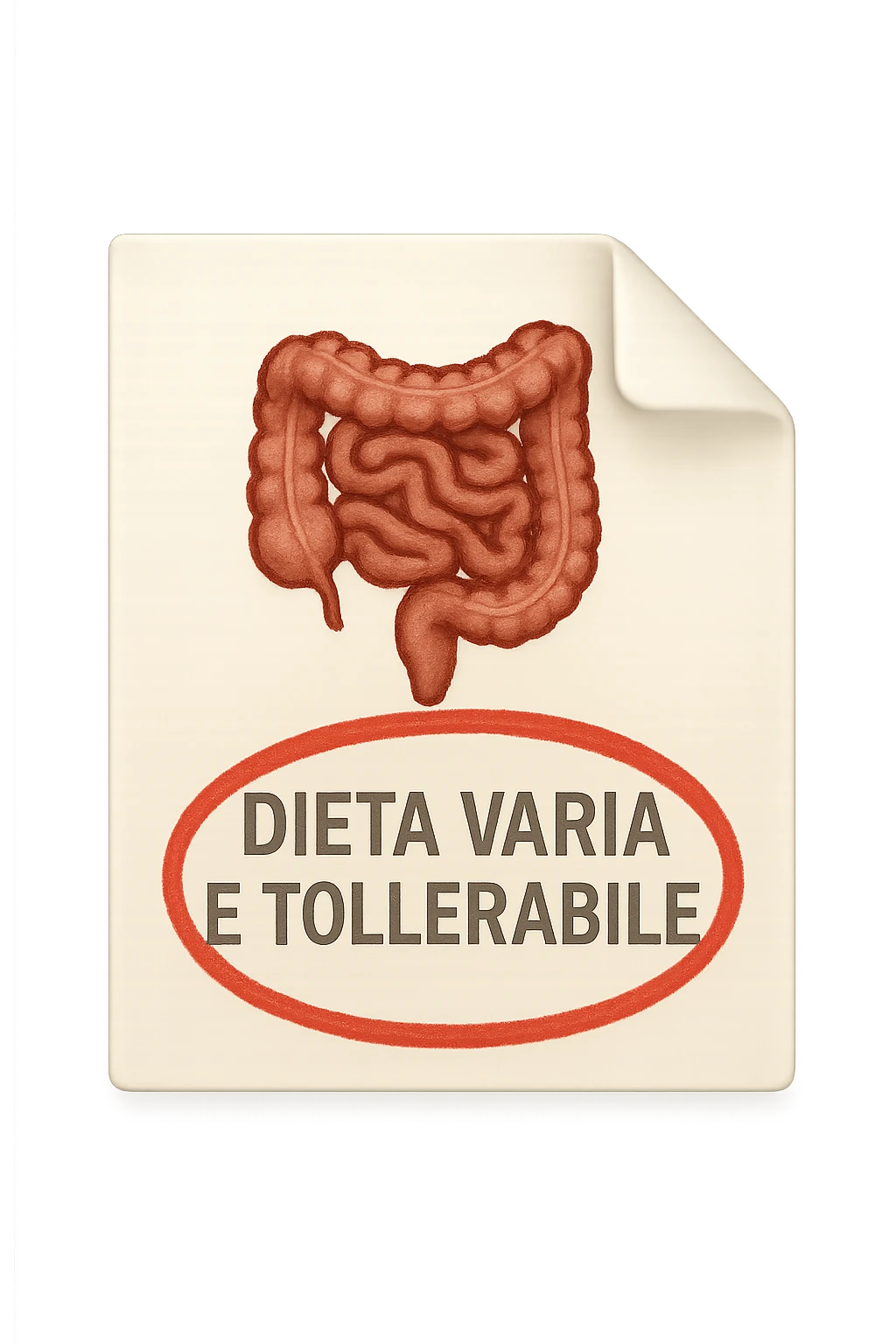 emoji stile iphone di un foglio con un INTESTINO disegnatO sopra e la scritta "DIETA VARIA E TOLLERABILE" CERCHIATA IN ROSSO, iperrealistico 4k, isolato su sfondo bianco emoji