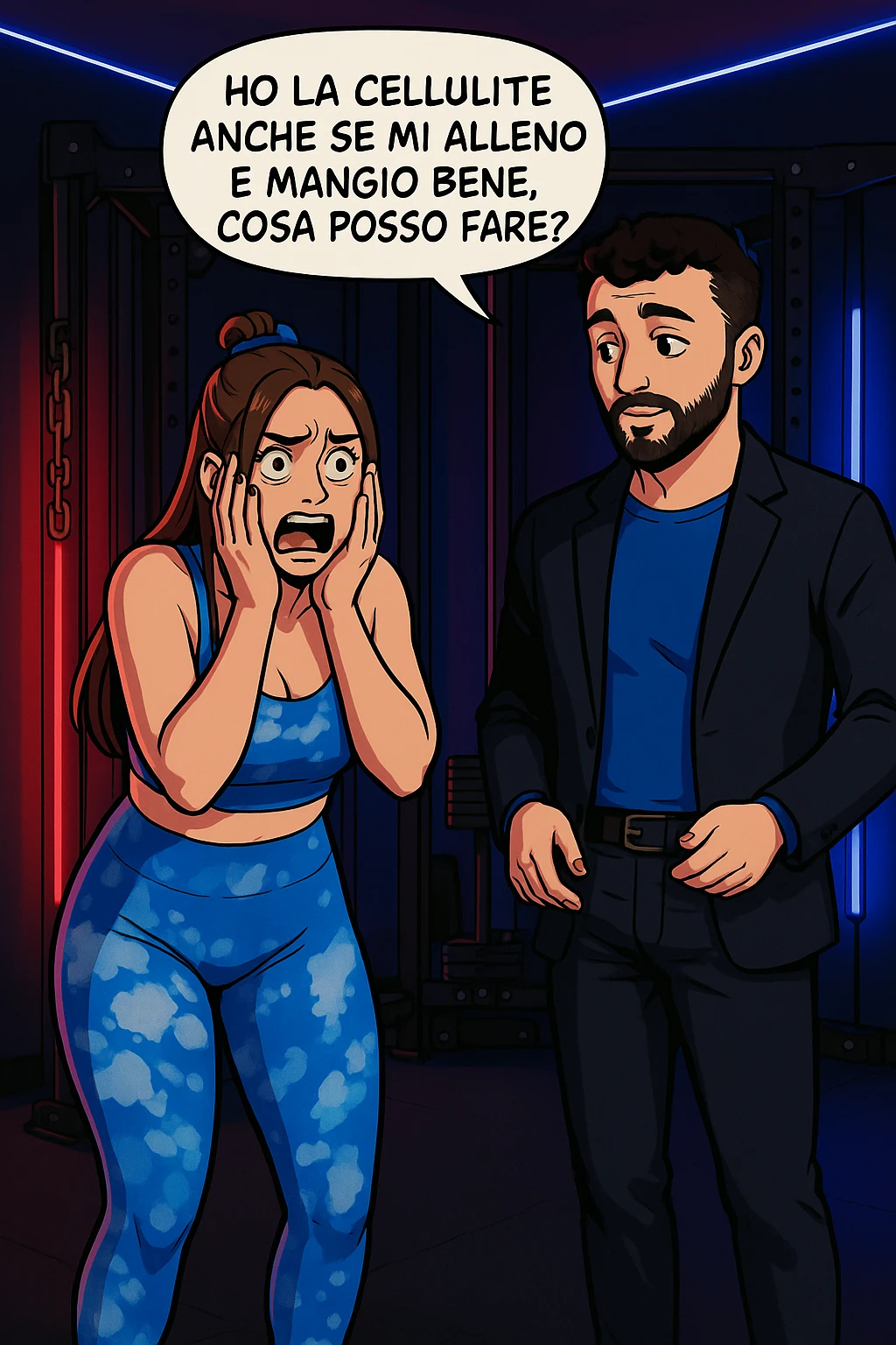 TRASFORMA QUESTO CAROSELLO IN UN FUMETTO STILE WEBTOON/MANGA A COLORI CON QUESTE DUE PERSONE IDENTICHE CHE INTERLOQUISCONO TRA LORO, LA DONNA è DISPERATA CON LE MANI SULLE GUANCE E STA DOMANDANDO TUTTA AGITATA UNA COSA ALL'UOMO:

LEI (DONNA): Ho la cellulite anche se mi alleno e mangio bene, cosa posso fare? emoji