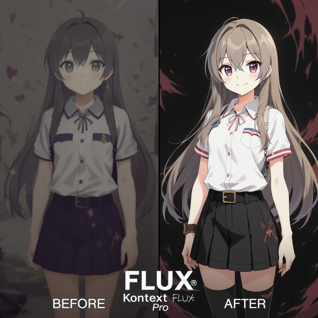 create before after image of a girl before is realsitic photo, after is anime version of her in same pose and clothes, add logo with text of a "FLUX Kontext Pro" emoji