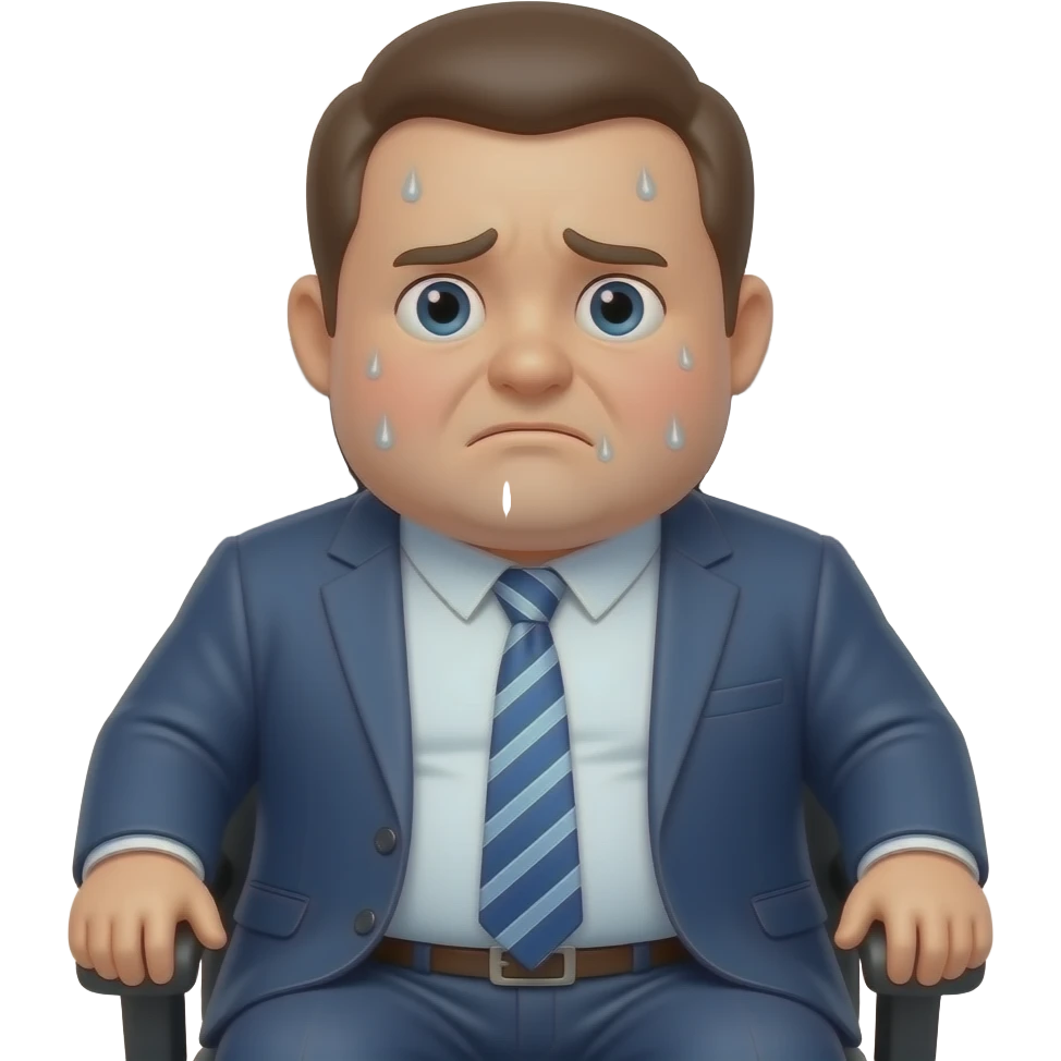 hazme una habitacion de empresiario con una persona sentada i gorda con sudor i apresurada i triste en una oficina de empresario emoji