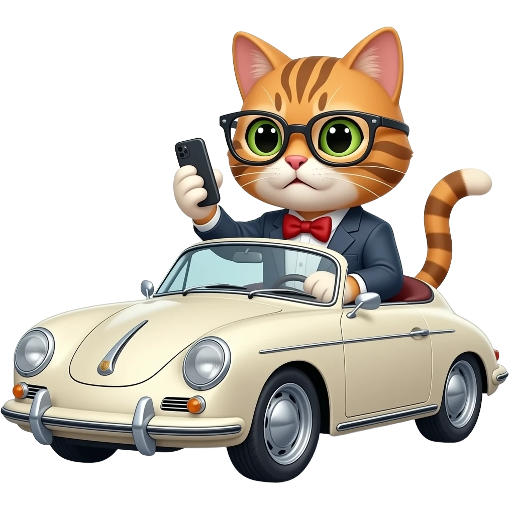 котик в очках едет на классическом порше, в одной лапе телефон и он ругается emoji