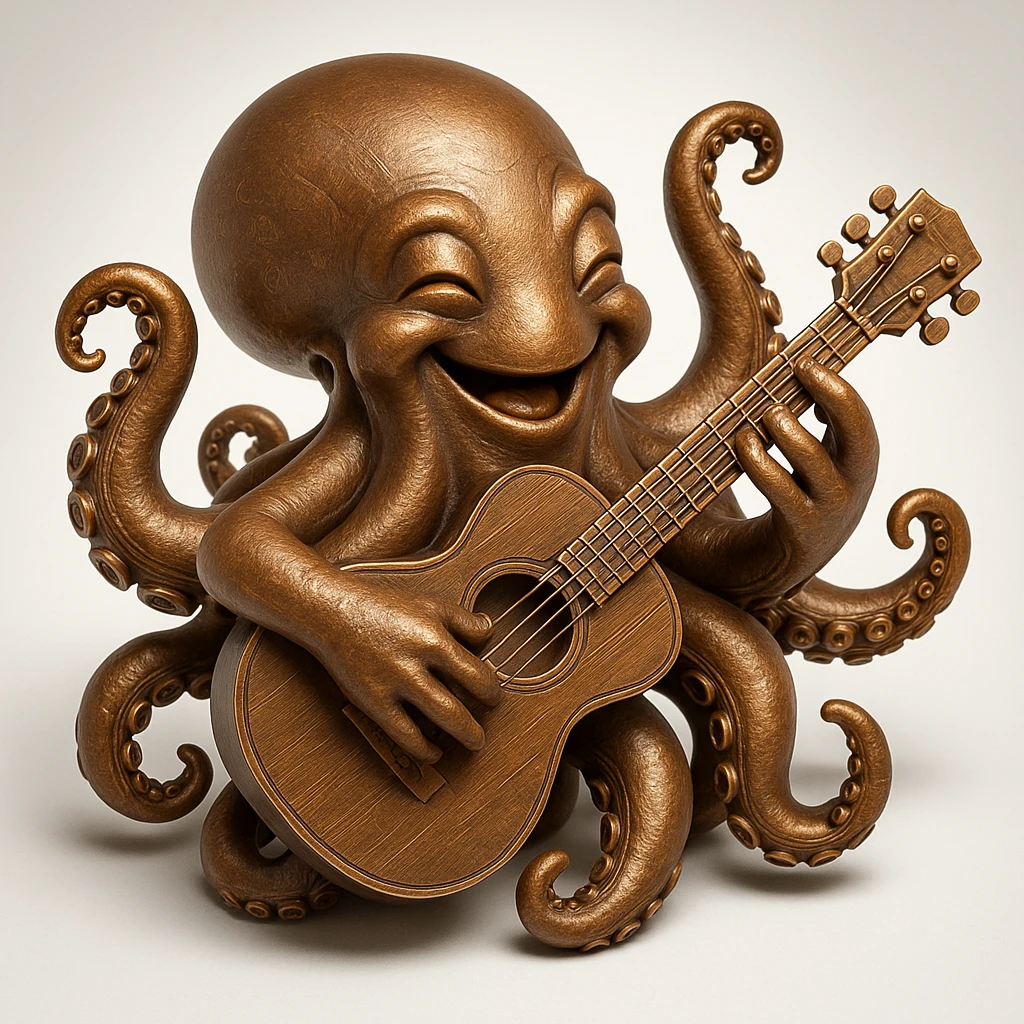 happy octopus with multiple arms playing guitar emoji