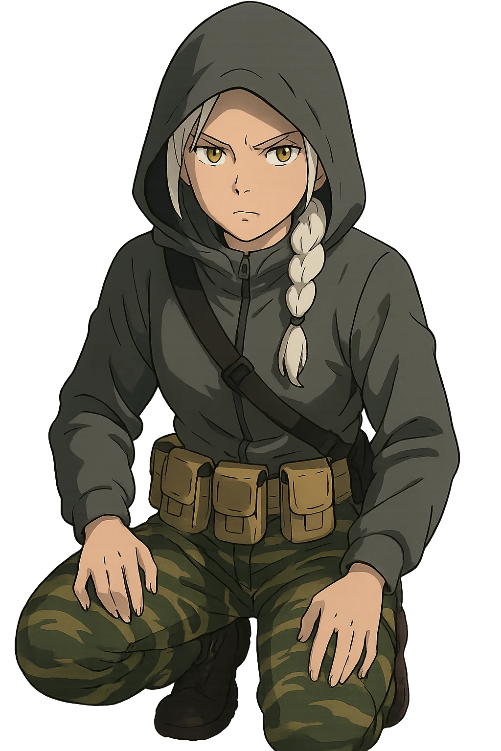 1 female, mid-20's  white hair long braid, gold yellow eyes, gray waterproof tactical shirt hoodie, hood up, single point sling, tan mag pouches on belt rig, tiger stripe camo pants, kneeling, stern focused expression emoji