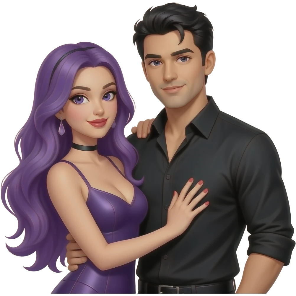 sexy girl with long purple hair and purple is flirting with an attractive man in black clothes and black hair emoji