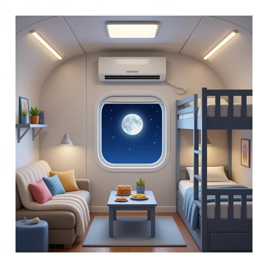 Yummy snacks and ldc lights  and cozy fuzzy blankets and a flying home  in night and a cozy moon and a big window and snacks and inside the house is flying and thers a aircon and a bucnk bed and it needs to be big emoji