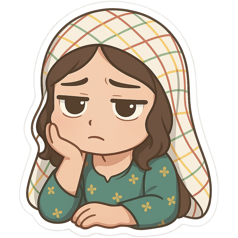 Kurdish man or woman in jamadani, cartoon style, feeling bored, resting head on hand, blank stare, no text emoji