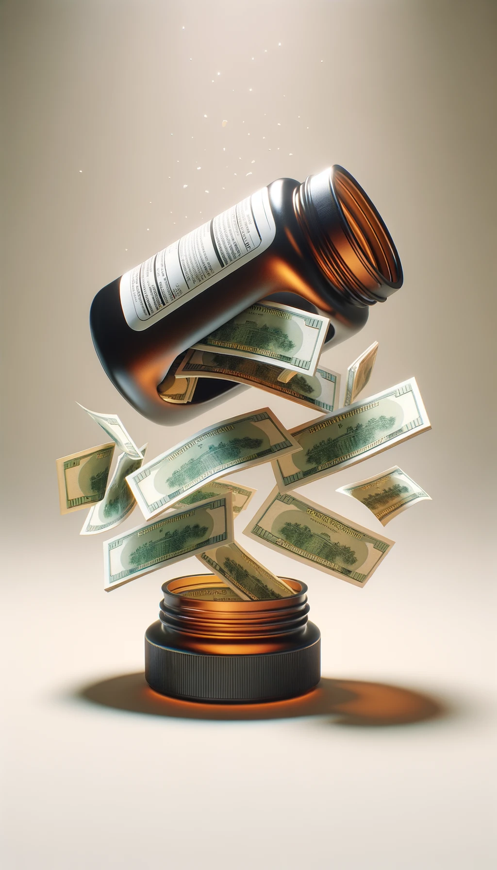 boccetta di integratore fluttua in aria, dalla boccetta aperta escono delle banconote, sfondo neutro chiaro, iperrealistico 4k emoji