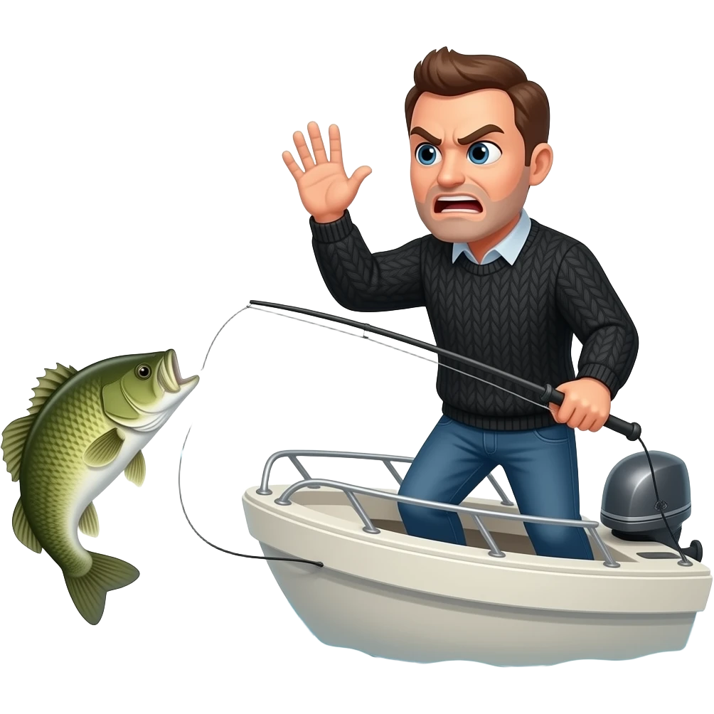 a guy in a black sweater standing on a boat waving at a bass fish swimming away  away and hes mad emoji