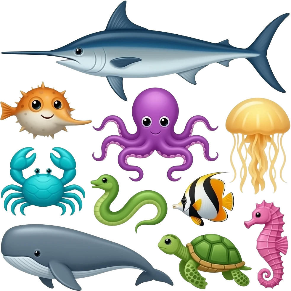 Ocean animals in the water: swordfish is blue, stingray is gray, blowfish is orange, octopus is purple, crab is turquoise, eel is green, jellyfish is yellow, striped angelfish is orange and black, whale is gray, sea turtle is green, and seahorse is pink emoji
