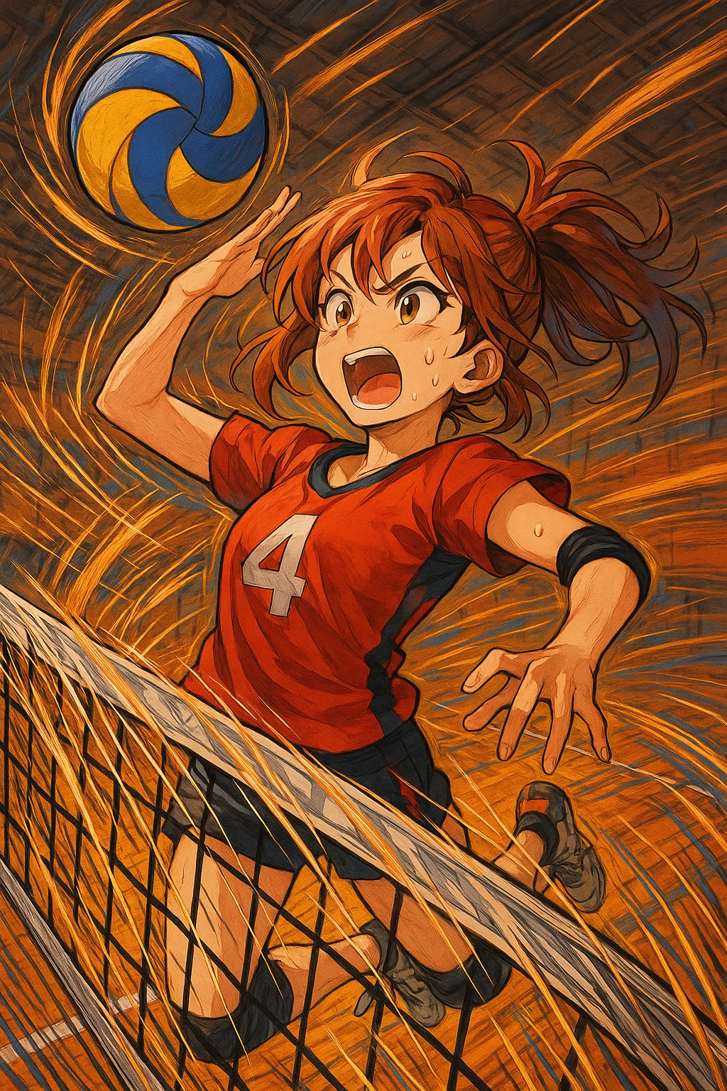 Add a volleyball net to the scene, keeping a dynamic anime-inspired style with energetic and expressive elements. emoji
