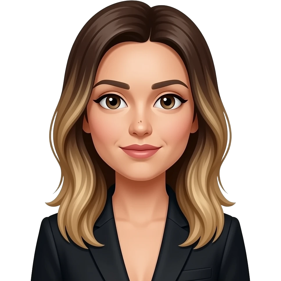 woman-with-black-suit-valayage hair long and neutral skin color big nose and shape big faces and has small pimple in left , i also have the mole in face near nose small one emoji