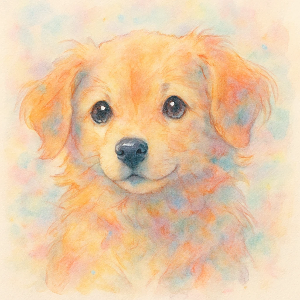 Make the dog even more expressive while maintaining the Hikaru Kotz style with delicate strokes, colorful, soft atmosphere, and a light background. Enhance the expressiveness of the dog with subtle details and gentle colors consistent with the Hikaru Kotz artistic style. emoji