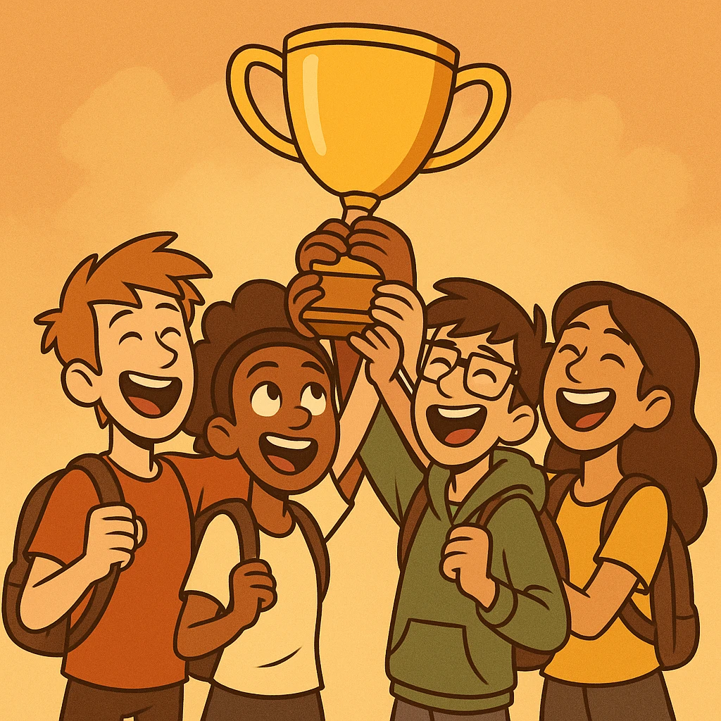 four students lifting a trophy, warm atmosphere, modern cartoon style, warm colors emoji