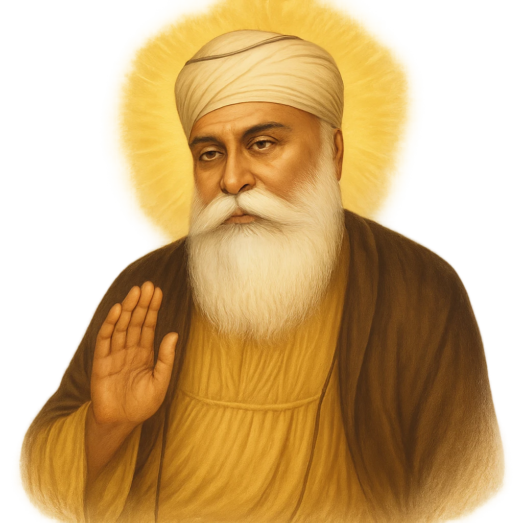 Guru Nanak Dev Ji, founder of Sikhism, gentle expression, white beard, traditional Sikh attire, radiant aura, respectful and dignified style emoji