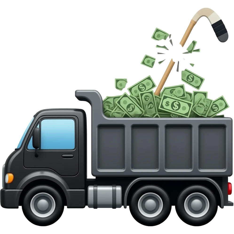 A dump truck black carrying money with a broken hockey stick emoji