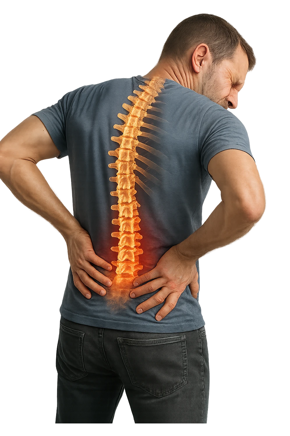 uomo con spina dorsale anatomica visibile che si massaggia la schiena perché gli fa male, iperrealistico 4k emoji
