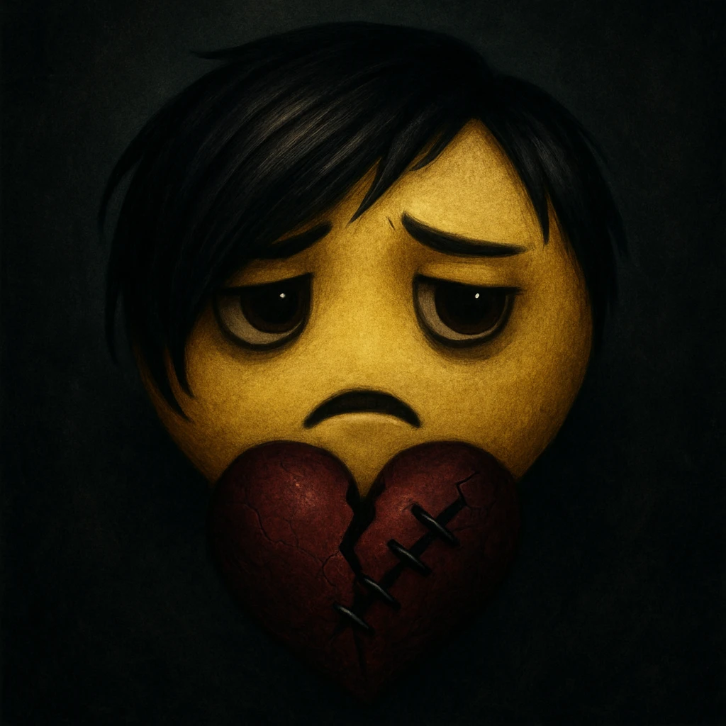 emo emoji, black and deep red heart, stitched, broken or cracked, moody atmosphere emoji