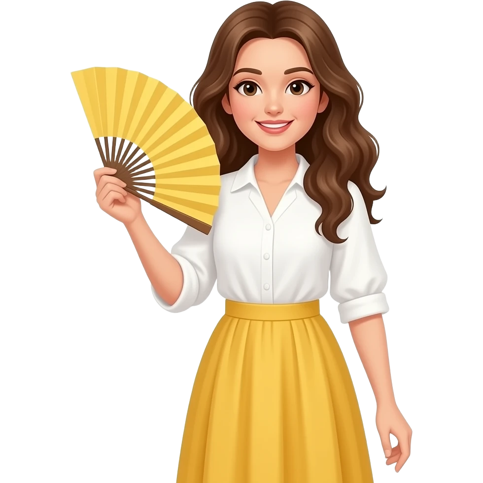 Una chica con el cabello ondulado vestida con una enguatada hasta el cuello blanca y una falda larga de color amarillo y un abanico de lienzo amarillo largo emoji