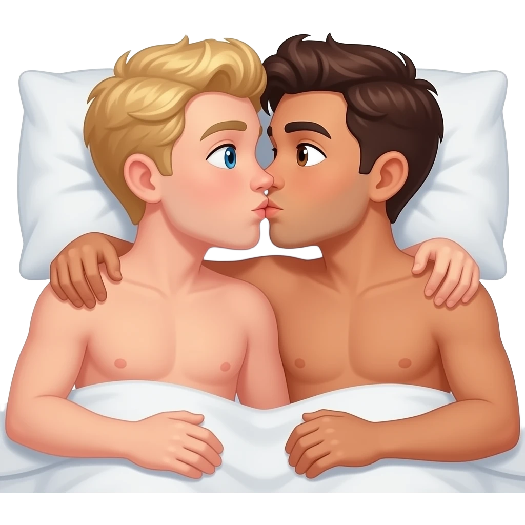 Make a gay couple on a Date , one has light Skin with Blond Hair and Blue Eyes, the other one has slightly brown skin witz dark Brown Hair and Brown Eyes. They are laying together in a Bed shirtless and kiss. emoji