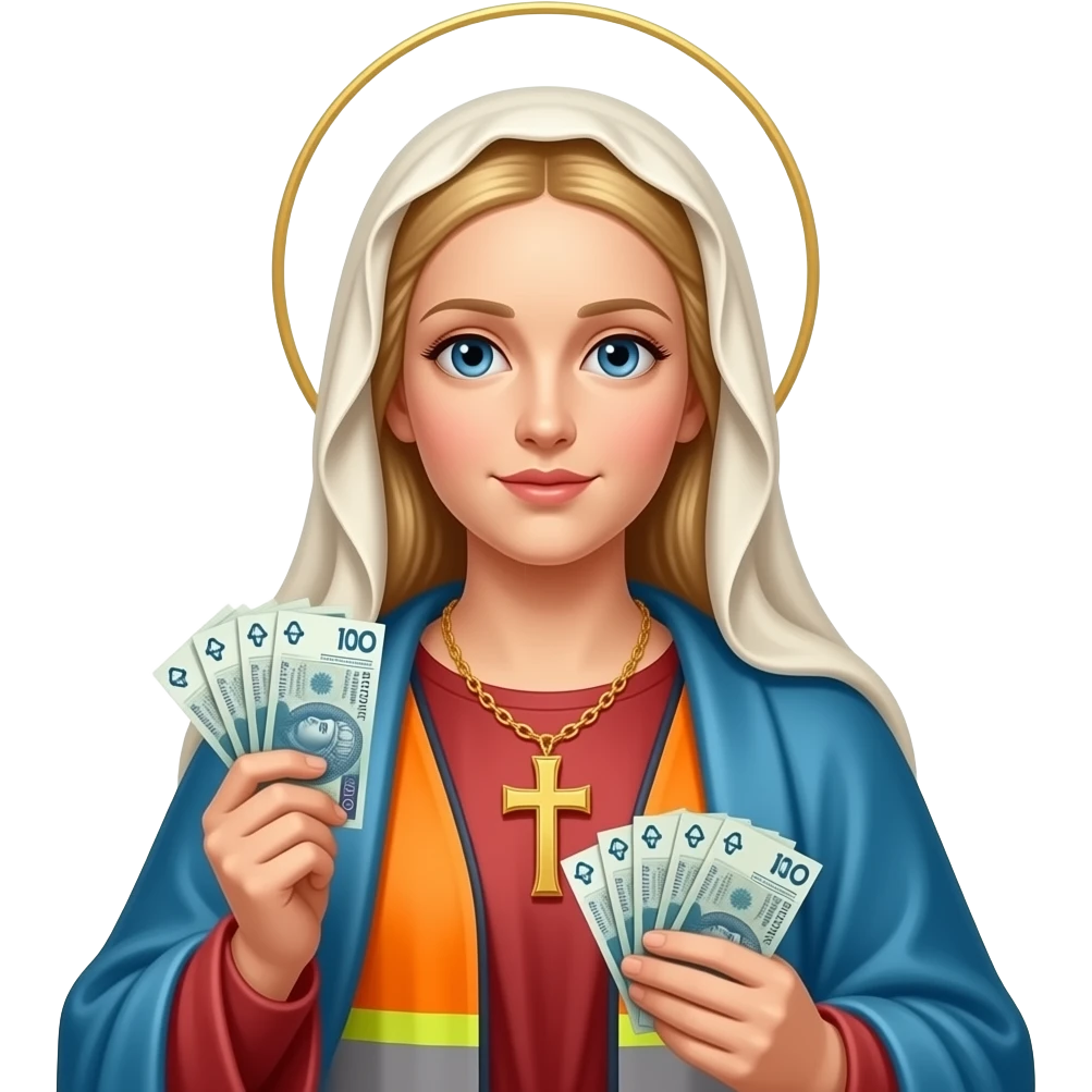blond virgin marry with gloden cross necklace in highviz clothes with a polski złoty bank notes in hands emoji