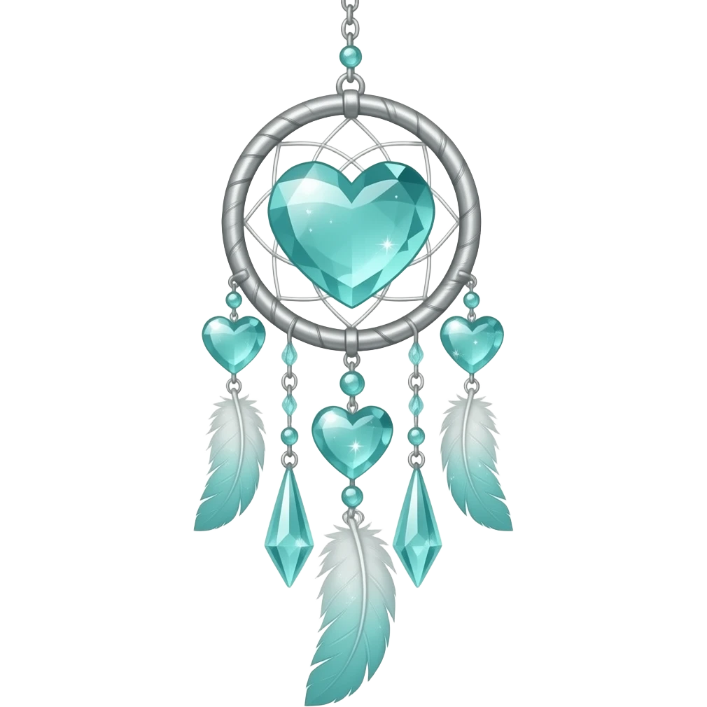 Cyan-lime-greenish and silver cold-cool-colored romantic lush beautiful pretty hanging crystal-catcher aesthetic with hearts and sparkles and feathers emoji